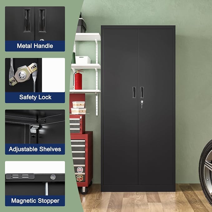 71" H Tall Metal Storage Cabinet with Lock and 5 Adjustable Shelves, Metal Garage Storage Cabinet for Home, Office, Garage, Warehouse Organize, Black