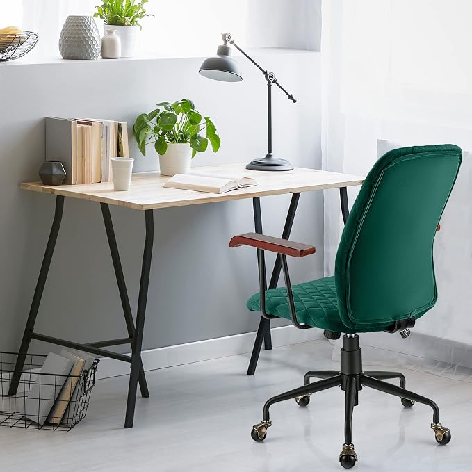 COSTWAY Green Velvet Office Chair, Upholstered Home Leisure Chair with Rubber Wood Armrests & 5-Claw Metal Base, Vintage Mid-Back Computer Desk Chair for Adult, Home, Office, Study