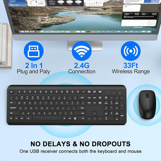 Wireless Keyboard and Mouse Combo, Full-Size Silent Ergonomic Keyboard and Optical Mouse, Long Battery Life, 2.4G Lag-Free Cordless Mice Keyboard for Laptop/Mac/PC/Windows(2 Packs