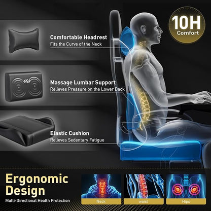 HLDIRECT Gaming Chair, Ergonomic Video Game Seat with 360° Swivel & Lumbar Massage, Computer Chair PU Leather Cushion for Adults Home/Office Use (Black)