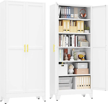 pozdeg 75" Tall Metal Storage Cabinet with 2 Doors & 5 Adjustable Shelves, Steel File Cabinet Multipurpose Organizer for Home Office Garage (White)