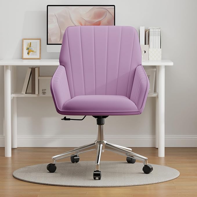 YISHENG Velvet Office Desk Chair with Silver Base, with Wheels,Modern Height Adjustable 360 Degree Swivel Upholstered Vanity Chairs with Arms for Living Room Bedroom,Light Purple