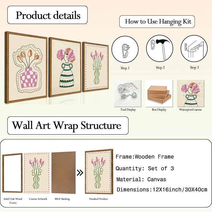 Framed Boho Floral Canvas Wall Art Set of 3, Pink Tulip Flower Paintings Wall Decor, Abstract Botanical Pictures Prints Minimalist Home Decor Aesthetic for Living Room Bedroom Office 12×16 inch