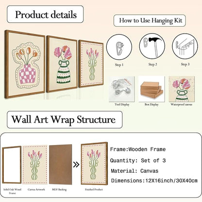 Framed Boho Floral Canvas Wall Art Set of 3, Pink Tulip Flower Paintings Wall Decor, Abstract Botanical Pictures Prints Minimalist Home Decor Aesthetic for Living Room Bedroom Office 12×16 inch