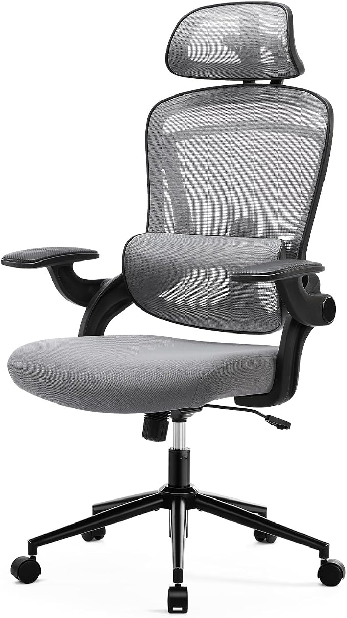 Sweetcrispy Office Ergonomic Desk Chair, 300 LBS Home Mesh Chairs with Wheels, 2D Headrest, Up&Down Lumbar Support, Swivel High Tall Back Computer with Flip-up Armrests, Dark Grey