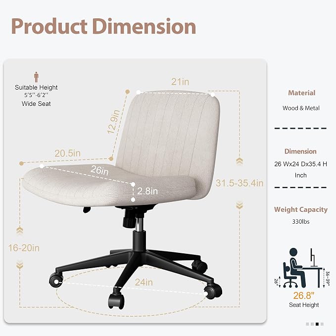 SUNLEI Cross Legged Office Chair, Armless Wide Chair's for Vanity Desk, Criss Cross Comfy Chairs with Back, Desk Chair/s of Height Adjustable Swivel, White