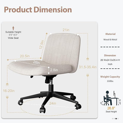 SUNLEI Cross Legged Office Chair, Armless Wide Chair's for Vanity Desk, Criss Cross Comfy Chairs with Back, Desk Chair/s of Height Adjustable Swivel, White