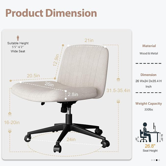 SUNLEI Cross Legged Office Chair, Armless Wide Chair's for Vanity Desk, Criss Cross Comfy Chairs with Back, Desk Chair/s of Height Adjustable Swivel, White