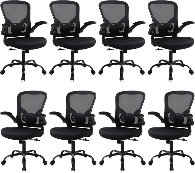 Flysky Mesh Office Chair, Ergonomic Computer Desk Chairs for Home Office - with Comfy/Comfortable Flip-up Arm Rests, Lumbar Support, Height Adjustable, 360 Degree Rolling Swivel (Black, 8 Pack)