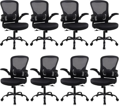 Flysky Mesh Office Chair, Ergonomic Computer Desk Chairs for Home Office - with Comfy/Comfortable Flip-up Arm Rests, Lumbar Support, Height Adjustable, 360 Degree Rolling Swivel (Black, 8 Pack)