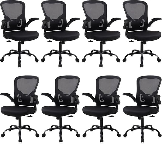 Flysky Mesh Office Chair, Ergonomic Computer Desk Chairs for Home Office - with Comfy/Comfortable Flip-up Arm Rests, Lumbar Support, Height Adjustable, 360 Degree Rolling Swivel (Black, 8 Pack)