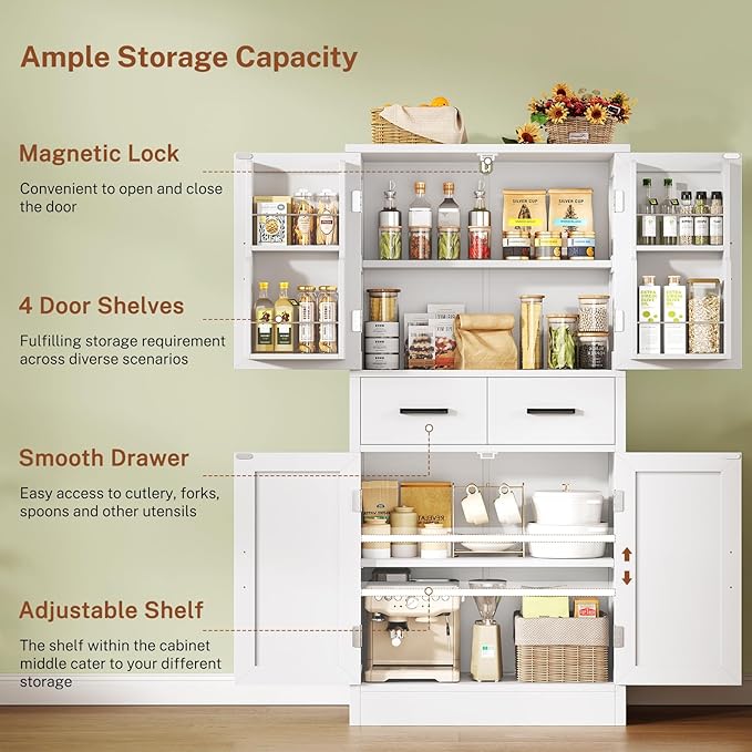 TEENFON Pantry Cabinet with 2 Drawers, Kitchen Storage Cabinet with 4 Door Shelves, Kitchen Pantry for Living Room, Dining Room, Bathroom, White
