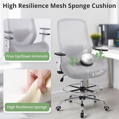 Office Drafting Chair, Tall Height Adjustable Ergonomic Office Chair with Footrest, High Back Desk Chair with Flip-up Armrests and Lumbar Support