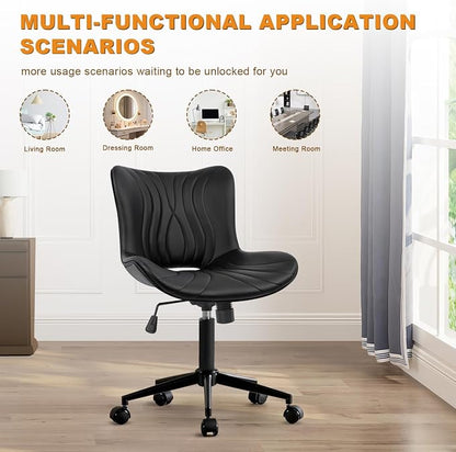 Armless Office Chair, Height Adjustable Desk Chair with Wheels, Ergonomic Comfy 360° Swivel Home Office Computer Task Chair, Faux Leather Padded Cute Vanity Chair,Black