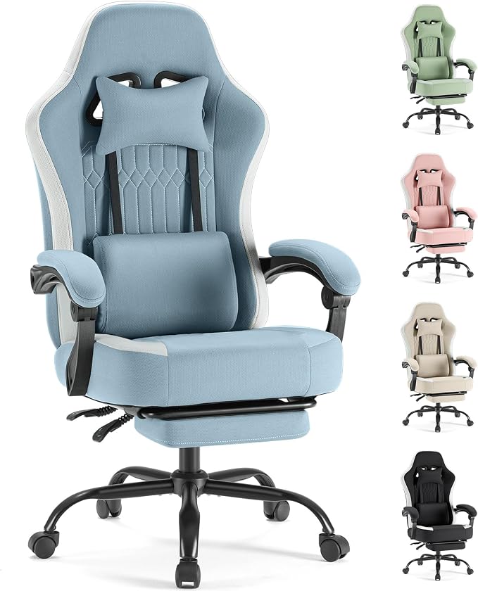 DUMOS Gaming Chair with Linkage Armrests, Video Game with Pocket Spring Cushion, Ergonomic Computer Silla Gamer Office Desk Chair with Footrest for Adults & Students, Blue