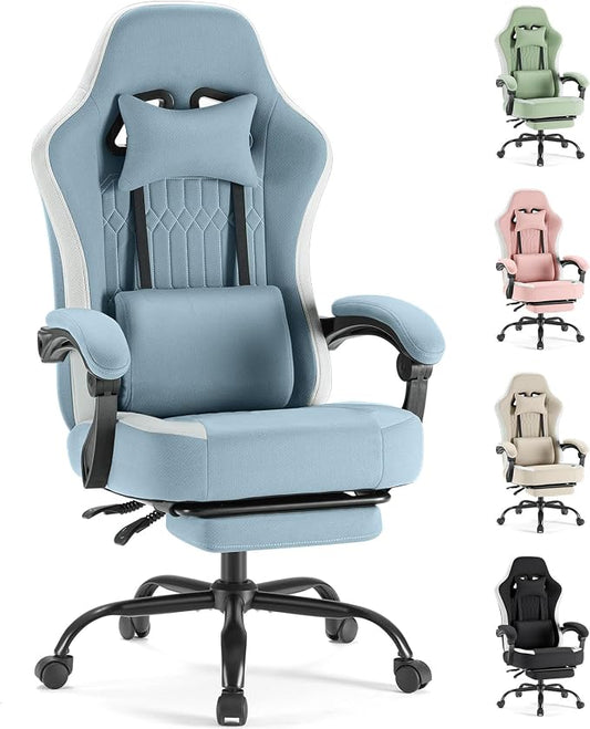 DUMOS Gaming Chair with Linkage Armrests, Video Game with Pocket Spring Cushion, Ergonomic Computer Silla Gamer Office Desk Chair with Footrest for Adults & Students, Blue
