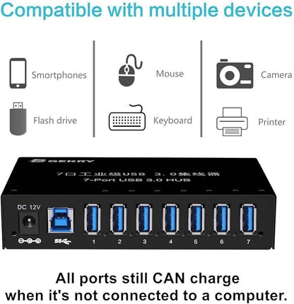USB 3.0 Hub, USB Data Hub, Metal Case Mountable 7-Port Powered USB Hub 3.0 with 36W AC Adapter-Type A