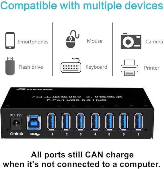 USB 3.0 Hub, USB Data Hub, Metal Case Mountable 7-Port Powered USB Hub 3.0 with 36W AC Adapter-Type A