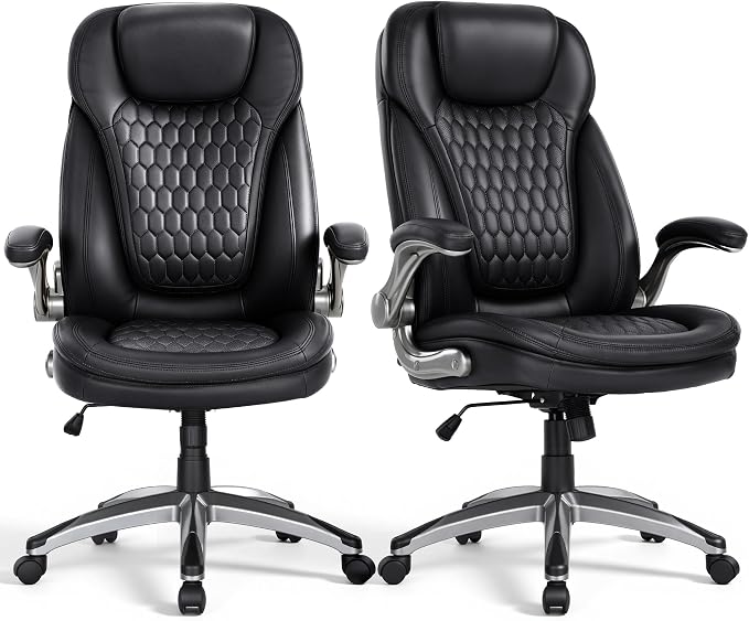 COLAMY High Back Executive Office Chairs,Ergonomic PU Leather Desk Chairs with Flip-Up Armrests, Adjustable Height, Lumbar Support,Comfortable Computer Chairs for Home Office,Set of 2