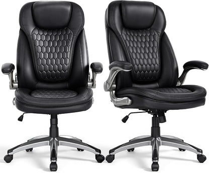 COLAMY High Back Executive Office Chairs,Ergonomic PU Leather Desk Chairs with Flip-Up Armrests, Adjustable Height, Lumbar Support,Comfortable Computer Chairs for Home Office,Set of 2