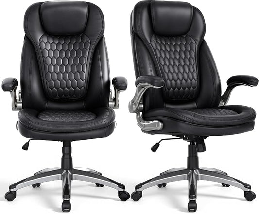 COLAMY High Back Executive Office Chairs,Ergonomic PU Leather Desk Chairs with Flip-Up Armrests, Adjustable Height, Lumbar Support,Comfortable Computer Chairs for Home Office,Set of 2