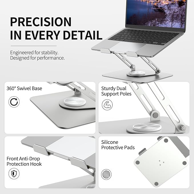 ALASHI Laptop Stand for Desk with 360° Rotating Base, Multi-Angle Adjustable Laptop Stands, Foldable Laptop Riser Compatible with 10 to 17 Inches PC Computer, Silver