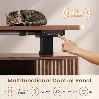 SEDETA L Shaped Electric Standing Desk, 69" x 55" Height Adjustable Office Executive Desk with 4 Drawers and Storage Shelves, Fluted Sit Stand Computer Desk with Power Outlet, Brown