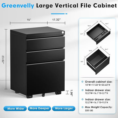 Greenvelly 3-Drawer Mobile File Cabinet with Locking Drawers & Wheels, No Assembly Required Black Rolling Metal Filing Cabinet for Home Office, Lockable File Organizer Under Desk or Letter/Legal Files