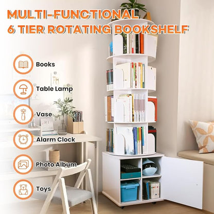 RUNSUNSPRI 6 Tier Rotating Bookshelf Spinning Bookshelf Tower 360° Revolving Bookcase with Storage Cabinet Corner Organizer Storage Round Carousel with Wheels, White