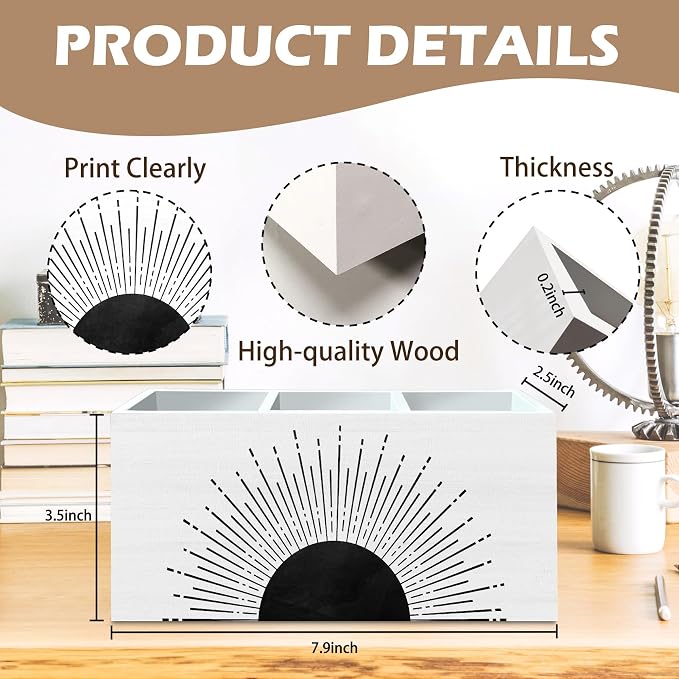 DILSJ Boho Abstract Sunshine Pen Pencil Holder Organizer for Desk, Boho Office Decor, Black and White Mid Century Modern Minimalist Sunshine Wooden Box Signs for Home Office Desk Tabletop Decoration