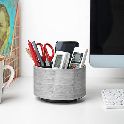 Round Leather Art Supply Organizer,Remote Control Holder,360 Degree Spinning,Multi-Functional Pencil Holder,4 Compartments Desktop Stationary Organizer(1-Light Grey2)