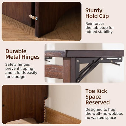 Bamboo Folding Desk with Storage, Space-Saving Foldable Computer Desk for Small Spaces, Writing Study Table for Home Office, Bedroom, Dorm, Apartment,White