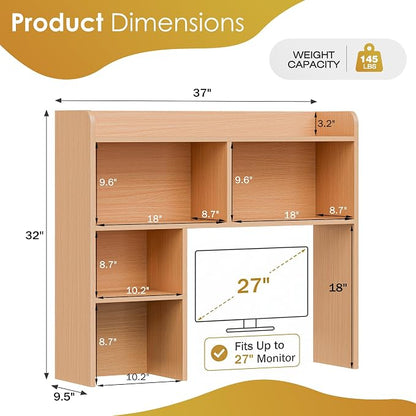 SUPER DEAL Desktop Bookshelf, Countertop Storage Hutch with 3 Shelves for Computer Desk, 2-Tier Display Rack, Multipurpose Wood Desk Hutch Storage Organizer for Home Office Dorm, Natural
