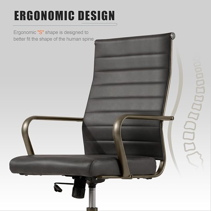 Okeysen Leather Office Desk Chair, Ergonomic Mid Century Modern Conference Room Chairs, Executive Ribbed Height Adjustable Swivel Rolling Chair for Home Office.