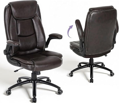 400lbs Capacity Executive Desk Chair Set of 2 with Ergonomic Lumbar Support, Flip-up Arms & High Back Leather Computer Chair for Home/Office, Brown