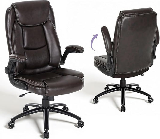 400lbs Capacity Executive Desk Chair Set of 2 with Ergonomic Lumbar Support, Flip-up Arms & High Back Leather Computer Chair for Home/Office, Brown