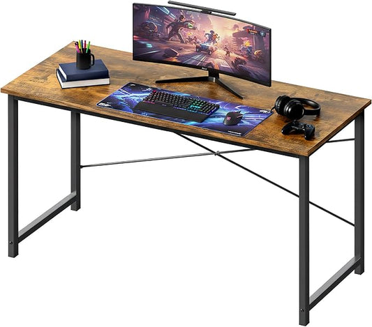 Sweetcrispy Small Computer Desk, 55" Office Writing Desk with Metal Frame & Wooden Tabletop, X-Shaped Reinforcement, Student Study Home Bedroom Table, Brown