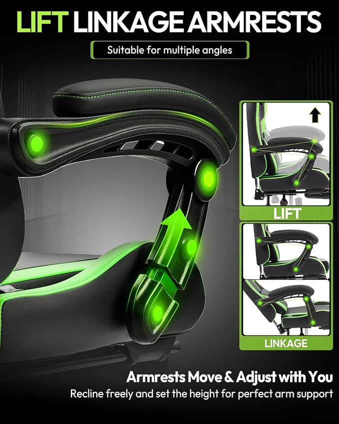 Dowinx Ergonomic Gaming Chair with Footrest & Massage Lumbar, 2D-Linkage Armrests for Computer Chair 330lbs with Headrest Pillow for Office, Home, Streaming and Long Gaming Sessions, Green