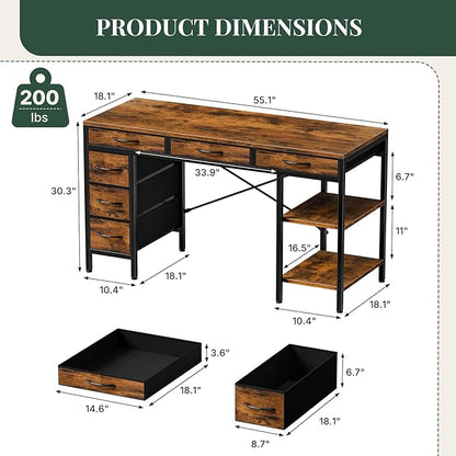 55" Computer Desk with 6 Drawers, Home Office Gaming Desks with Storage Shelves for Bedroom, Writing Study Corner Living Room Work Table Brown