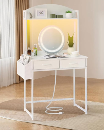 KATHY&BOB Small Home Office Study Desk - Freestanding Arched Design with Fabric Drawers & Side Bag - Modern Vanity Makeup Desk - Open Shelf & Computer Gaming Station (White)