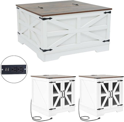 Farmhouse Coffee Table and End Table Set with Charging Station 3 Piece Set, White Living Room Tables with Hidden Storage, Rustic Wood Furniture for Home and Office, White