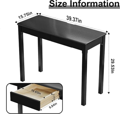 Solid Wood Desk with Drawers - 39 x 16 Inch Simple Narrow Desks, Rubber Wood Study Table, Small Writing Desk for Small Spaces|Bedroom - Modern Black Desks
