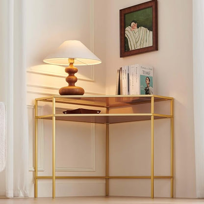 LumFurn Corner Table for Small Space, Triangle Computer Desk for Living Room, Bedroom, Workstation, Office, 2-Tier Structure, Amber Glass Top and Walnut Shelf with Gold Finish Frame