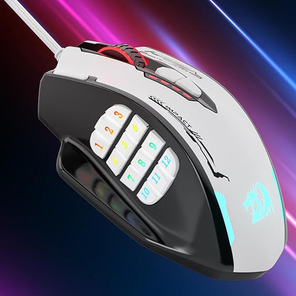 Redragon M908 Impact RGB MMO Gaming Mouse, Optical Wired Ergonomic Mouse with Max 24,000 DPI, High Precision, 18 Programmable Macro Shortcuts, Comfort Grip, Black & White