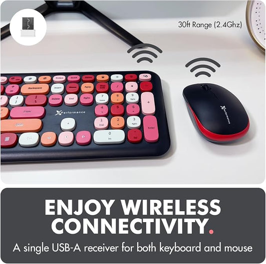 X9 Cute Wireless Keyboard and Mouse Combo - 2.4G Colorful Keyboard and Mouse Wireless with Retro Multi-Colored Typewriter, Keycaps for Windows Computer Keyboard, Laptop - Black