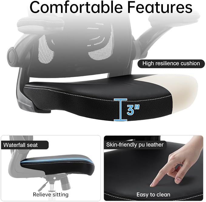 Ergonomic Office Chair Adjustable PU Leather Computer Chair with Lumbar Support,Flip-Up Arms, Breathable Mesh Back, Swivel Rolling Executive Desk Chair for Home Office, Black