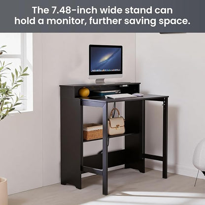 Fold Out Desk with Power Outlets, Small Foldable Table with Storage Shelf,Space-Saving Hidden Desk for Bedroom, Living Room & Office (Black)