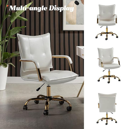 HULALA HOME Faux Leather Home Office Desk Chair, Adjustable Swivel Computer Chair with Golden Legs and Arms, Comfy Upholstered Task Chair, White