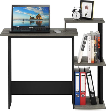 Furinno Efficient 29-Inch Grey Computer Desk with Side Shelves, Gaming Desk with 3 Open Shelves, Home Office Desk, for Home Office, Study Room, Dorm, Bedroom, Grey Oak/Black