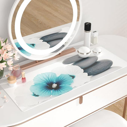 QiyI Desk Pad, Non-Slip PU Leather Desk Blotter Protector, Kids Floral Print Waterproof Computer Desk Mat, Thick Home & Office Large Keyboard Mouse Pad 31.5" x 11.8" - Pebbles & Blue White Flowers